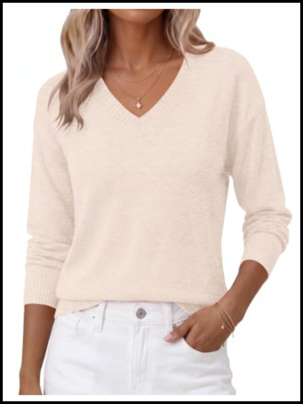 Women's V-Neck Long Sleeve Knit Sweater, Casual Lightweight Cropped Pullover